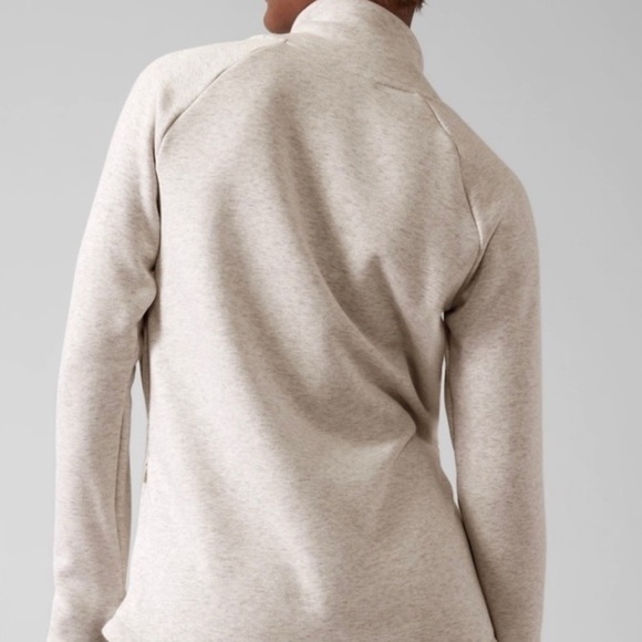ATHLETA heather ivory high rose gold diagonal zipper neckline sweatshirt top. Sm - Picture 3 of 10